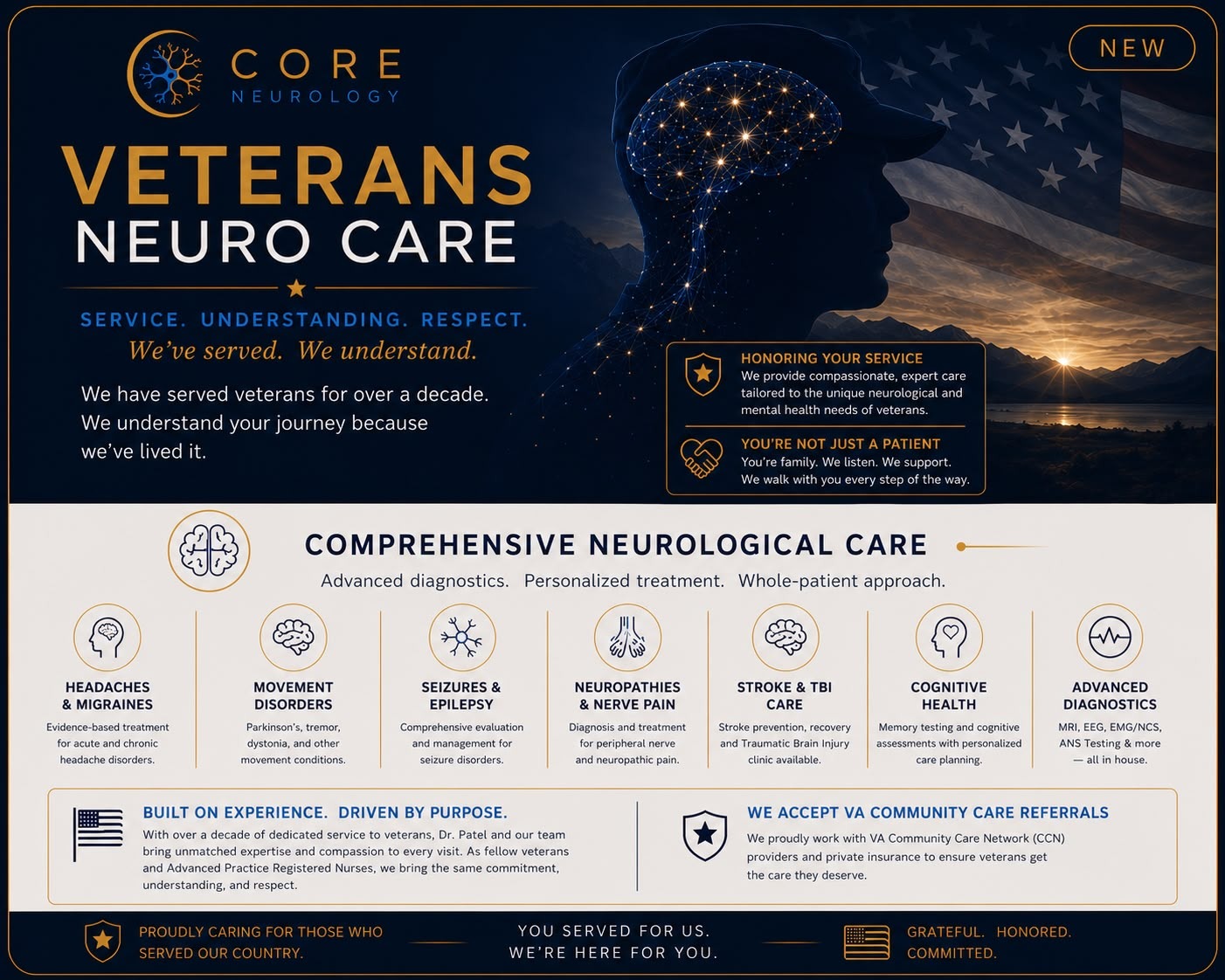 Veterans Neuro Care — glowing neural silhouette of a service member beside an American flag at sunrise