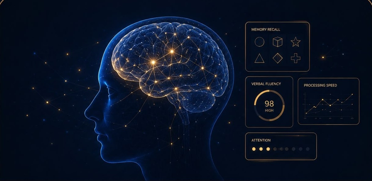 Illuminated brain profile with memory, fluency and attention readouts