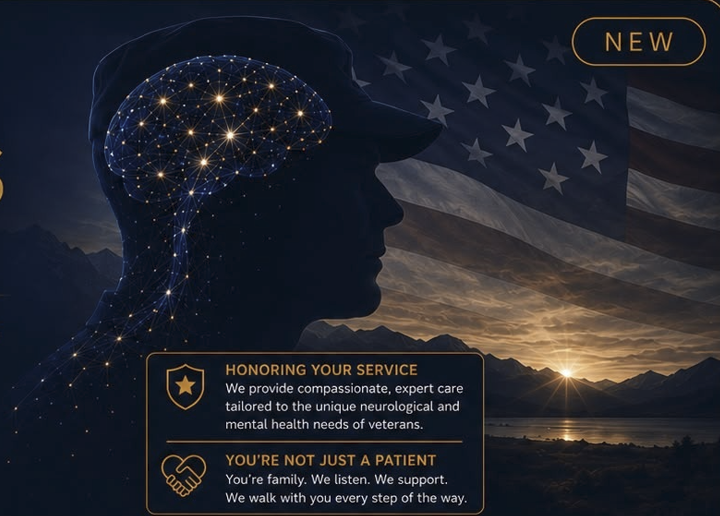 Veteran in profile with a glowing neural network and American flag, representing Veterans neuro care