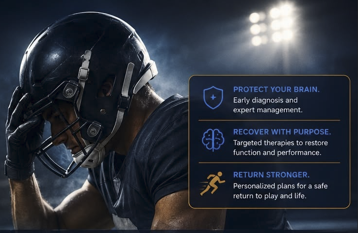 Football player in a helmet under stadium lights, representing concussion care for athletes