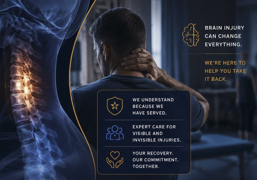Glowing spine and nervous system beside a patient holding their neck, representing the TBI clinic