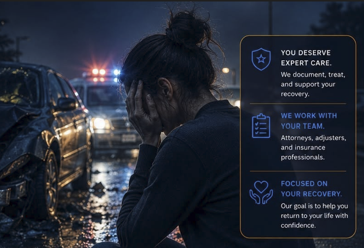 Patient at the scene of a nighttime motor vehicle collision, representing auto accident neuro care