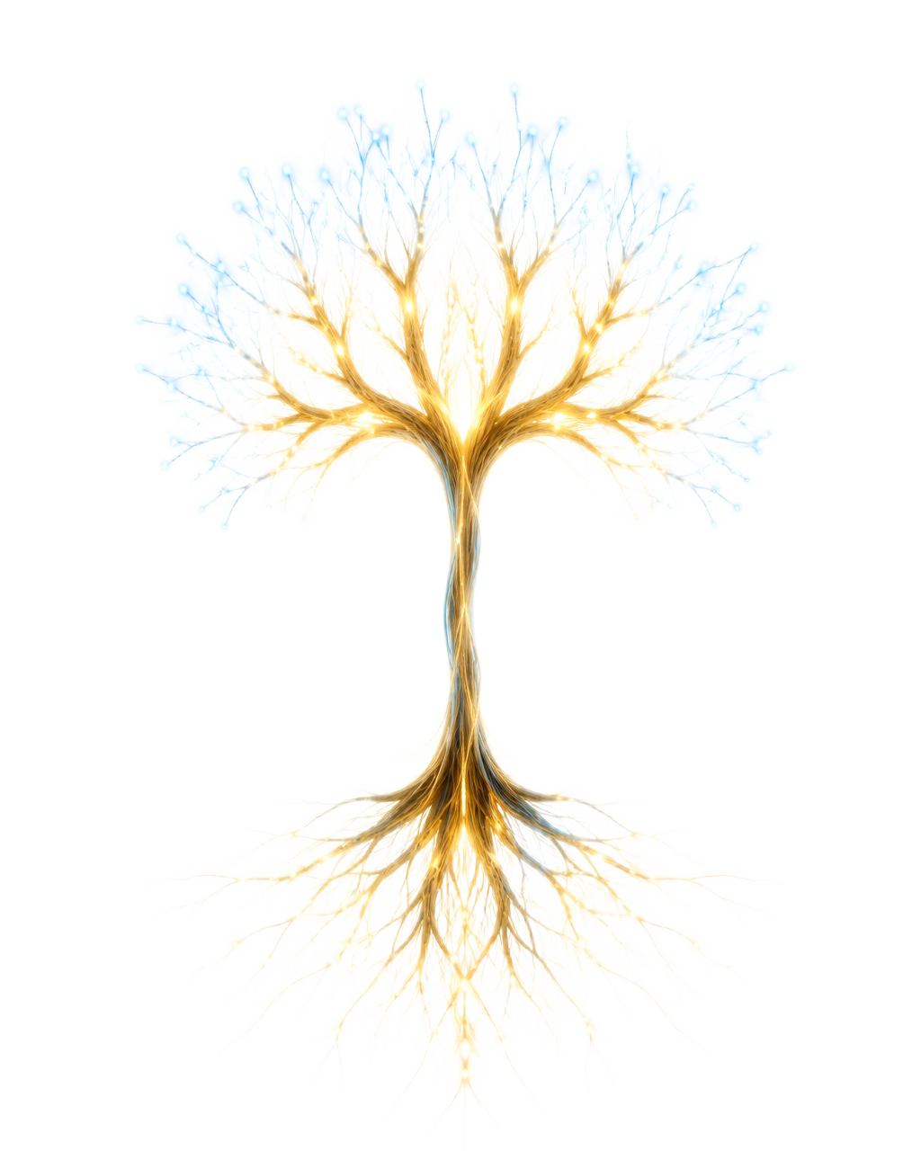 Luminous neural tree of life — glowing neuron branches reaching upward, roots descending into soil